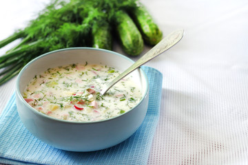 Okroshka - traditional Russian cold soup with fresh cucumber, boiled eggs and dill