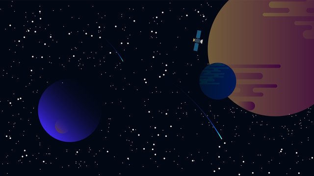 Space illustration of planets with colorful stars and satellite. Use for modern design, cover, template, decorated, brochure, flyer.