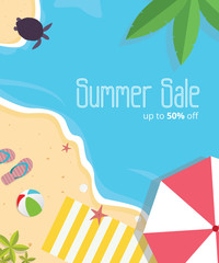 Summer Sale Design with images of beach umbrellas, sandals, ball mats and turtles that use aerial view