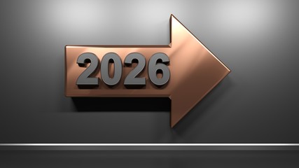 2026 copper arrow at satin black wall - 3D rendering illustration - obrazy, fototapety, plakaty