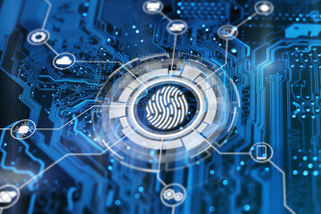 Fingerprint login authorization and cyber security concept. Blue integrated circuit with futuristic icons on background. Control access and authentication online.