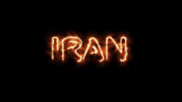 Name IRAN flares up and burns out. Fiery text, burning text "Iran" on a black background