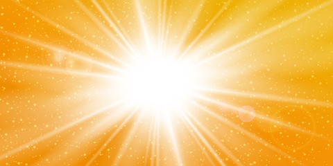 Rays yellow background. Gold sunny sky. Heat sunburs, hot weather. Sunshine orange sky. White warm sunlight. Bright golden solar sunrise, summer template. Lens optic effect. Vector illustration