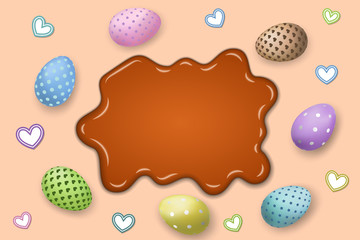 Happy Easter background, pastel eggs texture, caramel sauce. Decoration frame. Greeting Easter 3D card. Border template, empty space. Holiday design poster, banner, invitation. Vector illustration