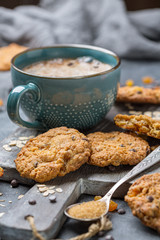 Homemade oatmeal cookies with raisins and chocolate.