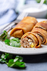 Thin pancakes stuffed with meat and egg.