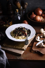 Wine and mushroom sauce pasta..style rustic