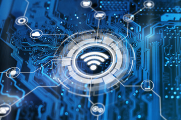 Wireless technology futuristic illustration on integrated  circuit background. Hotspot antenna sign. Wifi icon.