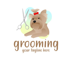 Grooming, dog with hairdressing scissors, illustration and logo design. Hairdresser for dogs, animals and pets, vector design