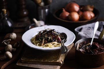 Wine and mushroom sauce pasta..style rustic