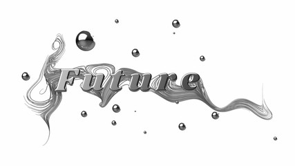 Abstract graphic composition with the word Future. behind the word are beautiful strings branching in different directions and balls. 3d illustration isilated on white