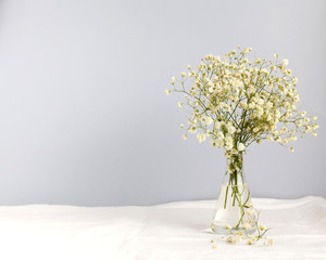 A bouquet of white small gypsophila flowers in a transparent glass vase on a blue background. Horizontal photo with an empty space for text on the left. The concept of minimalism.