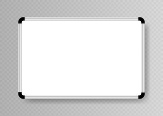 Realistic empty whiteboard for markers isolated on transparent background. White Office board. Vector illustration