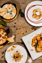 Breakfast plates are on the table