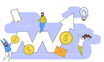 Simple, flat illustration with outline concept successful team work. Banner with tiny people, abstract vector elements 