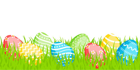 Easter greeting card decoration element  with spring grass and сolorful eggs