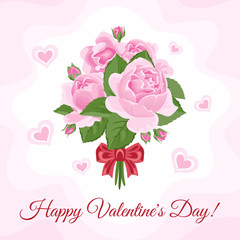Bouquet of pink roses with red bow and hearts on light background. Happy Valentine's Day greeting card, banner. Vector holiday illustration in cartoon flat style.