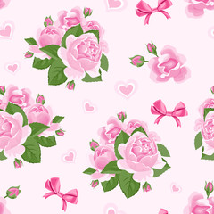 Pink roses, bows and hearts seamless pattern. Vector festive illustration of beautiful flowers on pink background. Cartoon flat style.