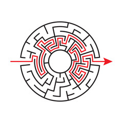 Circular Maze. Puzzle Game labyrinth. with the path marked by the red line. Vector illustration.