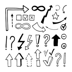 Set elements of checkbox and arrows in doodle business set. Hand drawn vector illustration for cards, posters, stickers and professional design.