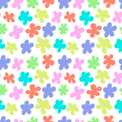 Fototapeta na wymiar Seamless pattern of stylized flowers on a white background. Children's drawing of multi-colored flowers. Print for fabric, paper, postcards. Delicate colors yellow, pink, green, blue. Vector
