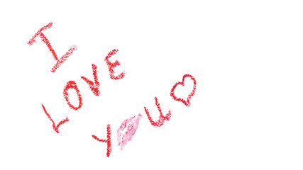 The inscription "I love you" with red lipstick on a white background, with a kiss.