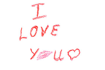 The inscription "I love you" with red lipstick on a white background, with a kiss.