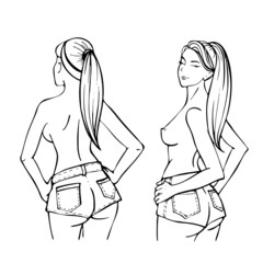 Sketch Sexy woman posing naked. Hand drawn topless Girl with long hair.