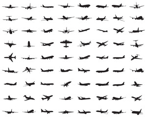 Black silhouettes of different aircrafts on a white background