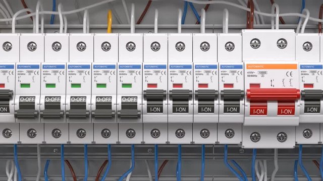 Row of electrical circuit breakers in fuse box. Electricity power turning off. 3d video