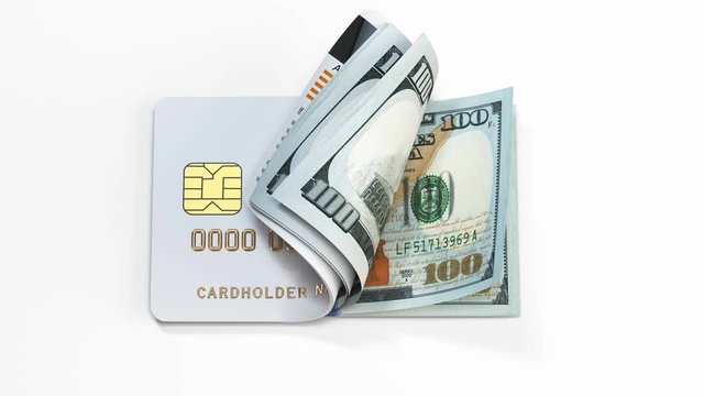 Credit card with dollar banknotes. Online banking or wallet, finance and investment concept. Loopable 3d animation