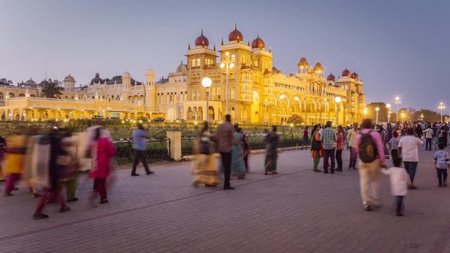 India, Karnataka, Mysore, City Palace, illuminated at dusk - time lapse