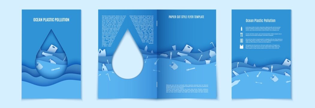 Papercut stop ocean plastic pollution blue flyer template. Sample environmental booklet with the cutout in the form of drop. Sea waves waste in paper cut style, vector ecological poster concept