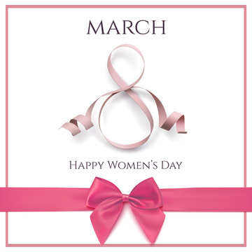 8 March greeting card template with pink ribbon and a bow.