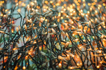 garland blurred lights background with orange and green colors