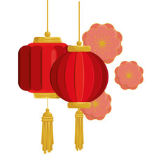lanterns chinese hanging with flowers isolated icon