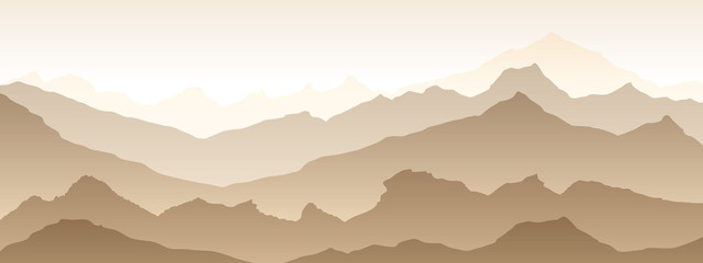 Sunrise behind the mountains. Vector illustration. Flat style. Beige palette. Might be used for posters, wallpaper, background.