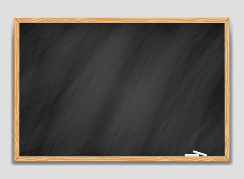 Blackboard background and wooden frame. Rubbed out dirty chalkboard. Vector illustration.