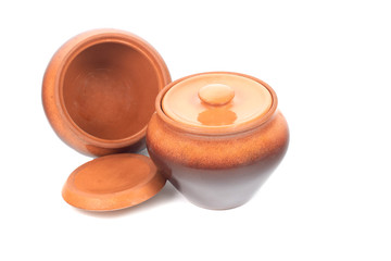 brown ceramic pots on white isolated background