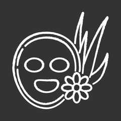 Vegan face mask chalk white icon on black background. Healing skincare. Medicinal herbs for cleansing and moisturizing. Aloe vera, plant based product. Isolated vector chalkboard illustration