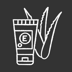 Hand cream with vitamin chalk white icon on black background. Organic lotion in tube. Cosmetic with medicinal plants extract. Aloe vera leaves and sprouts. Isolated vector chalkboard illustration