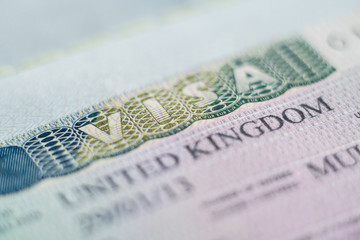 United Kingdom - January 2020: close up of Schengen British visa header in passport