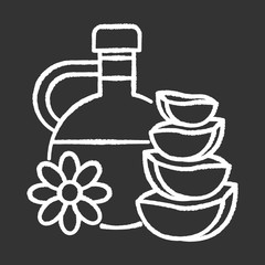 Natural oil chalk white icon on black background. Plant based essence. Floral liquid for skincare. Aloe vera juice in glass jar. Moisturizing and exfoliating. Isolated vector chalkboard illustration