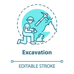 Excavation concept icon. Archaeological expedition. Historical research. Search for ancient artifacts. Cultural layer. Vector isolated outline RGB color drawing. Editable stroke