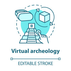 Virtual archeology concept icon. Computer simulations of cultural sights. Modeling and visualization of historic monuments. Vector isolated outline RGB color drawing. Editable stroke