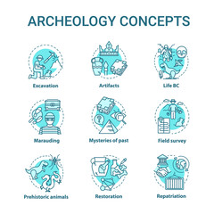 Archelogy concept icons set. Studying history of ancient artifacts. Excavations, conservation of values idea thin line RGB color illustrations. Vector isolated outline drawings. Editable stroke