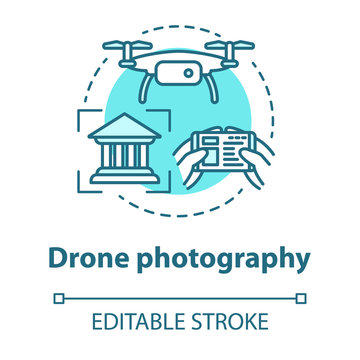 Drone photography concept icon. Quad copter with camera spying on house. Shooting historical objects from unusual angle. Vector isolated outline RGB color drawing. Editable stroke