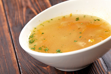 vegetable soup in the white bowl