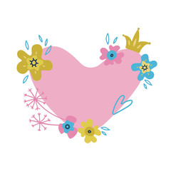 Flower frame-wreath. Floral background. Space for text in floral heart. Can be used for wedding invitation, card, ticket, branding, Valentine card. Vector flat doodle illustration.