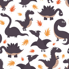 Childish seamless pattern with dinosaurs and tropical leaves. Vector illustration on white background.
